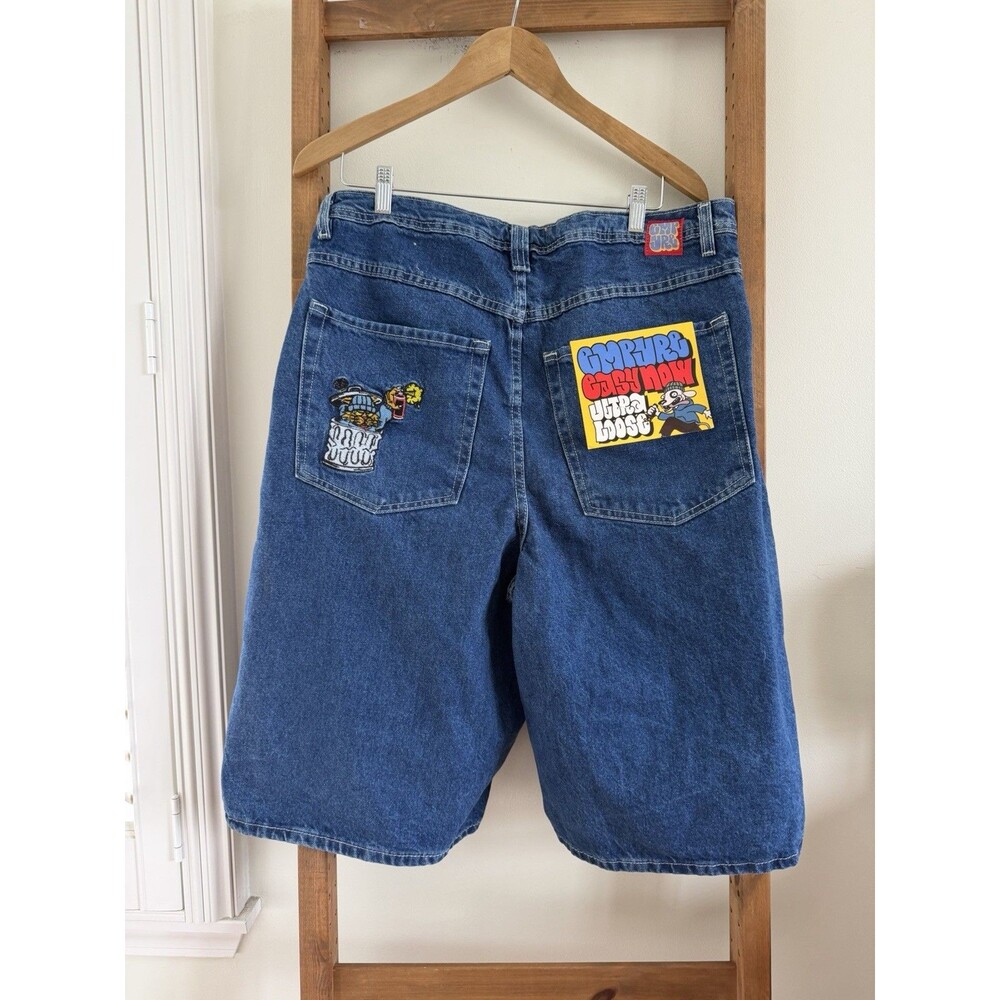 Vintage Empyre JNCO-Inspired Denim Shorts Y2K Sz 32 Embroidered Cat Trash Patch